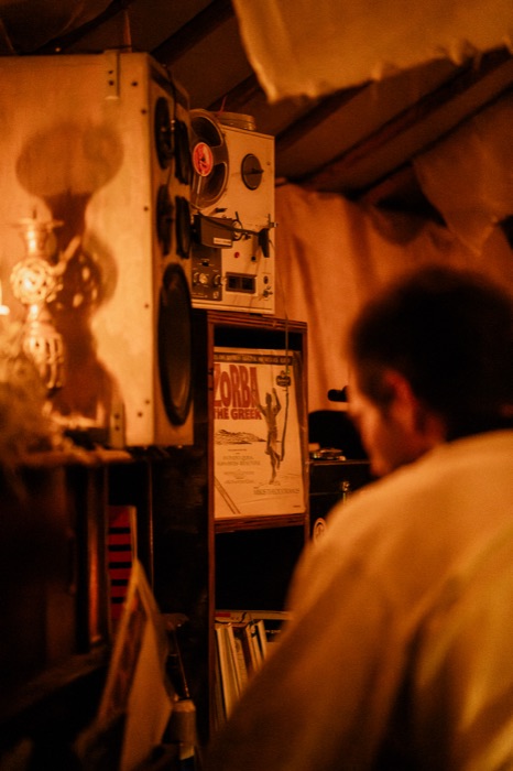 Vintage reel-to-reel and record shelf detail, Zorba the Greek on vinyl