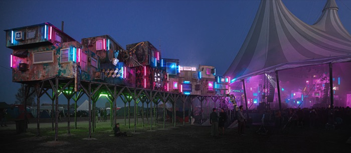 Panorama of the raised Fusion structure lit up at dusk