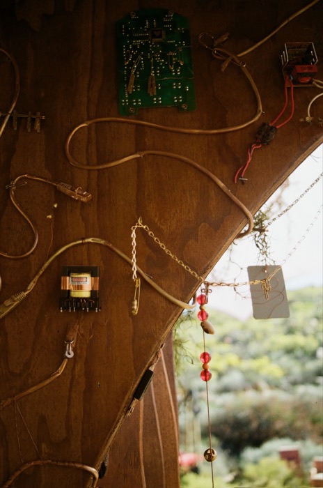 Found-object circuit board decor detail
