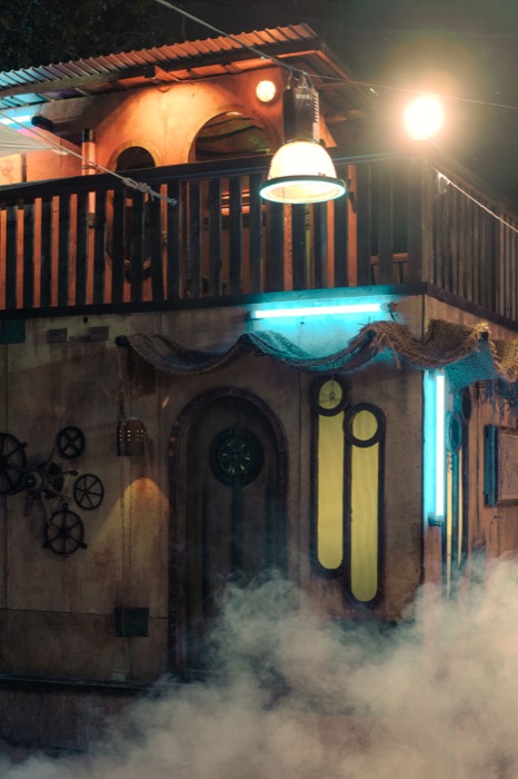 Wide view of the Sandlantis village at night