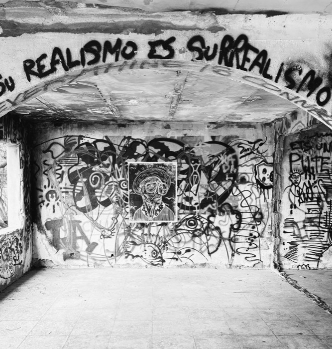 This Is Bat Country wheatpaste piece set into a graffiti-covered archway